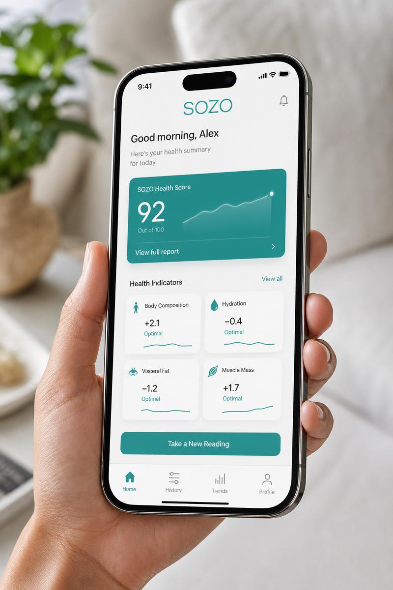 SOZO mobile health dashboard shown on a smartphone